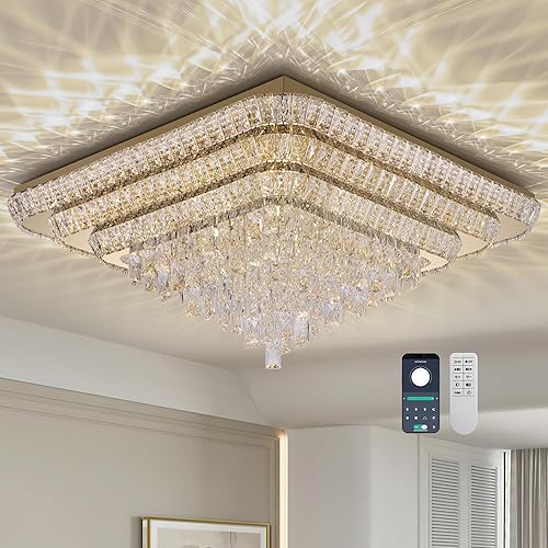 Miniatura 10 de COCOSTAR Candelabros de cristal, candelabro LED moderno de lujo, candelabro de techo cuadrado de montaje al ras de 34", candelabros de gota de