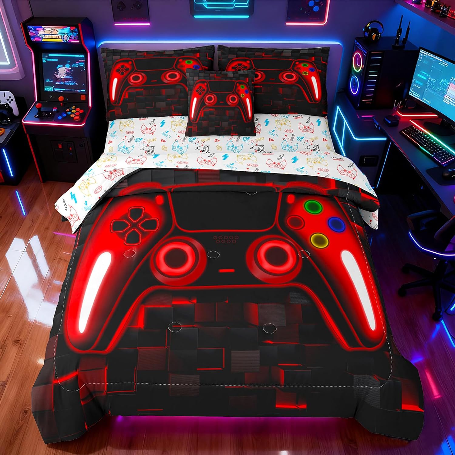 Peopleareok 6 Piece Gaming Comforter Sets Queen, 3D Red Game Controller Design Queen Comforter Bed in A Bag Video Game Bedding, Soft Microfiber Gaming Bedding Set for Boys Kids All Season