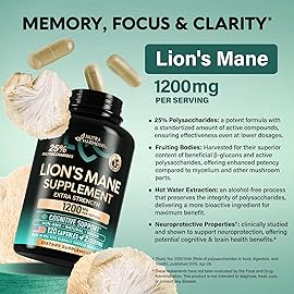 Lions Mane Supplement Capsules - Organic Lions Mane - Made in USA - Fruiting Bodies Extract - 1200 mg, 25% Polysaccharides - Memory & Focus Support - As Lions Powder - 120 Capsules, 2 Month Supply