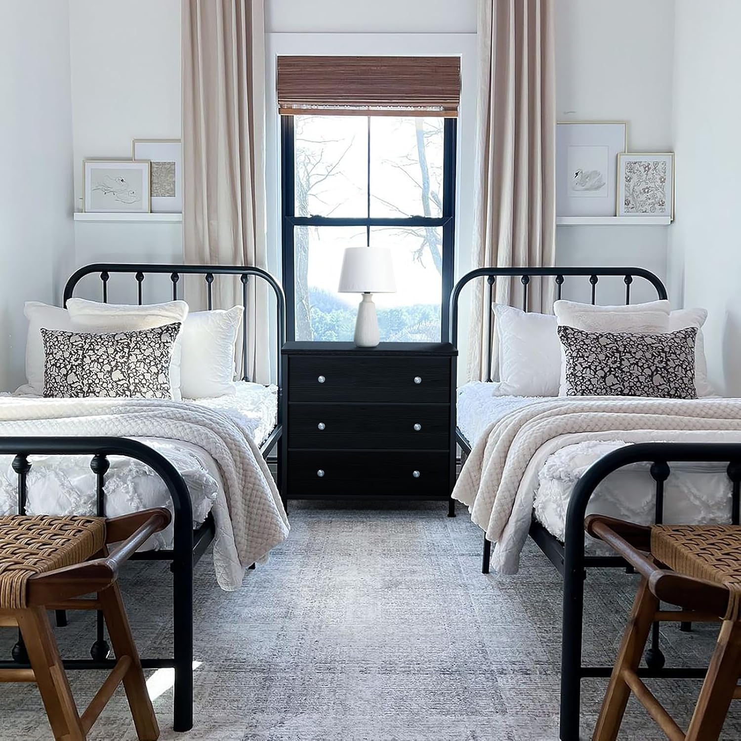 BOLUO Black Nightstand with Fabric Drawers, Large Night Stand 3 Drawer Dresser for Bedroom, Closet, Kids, Girls Modern