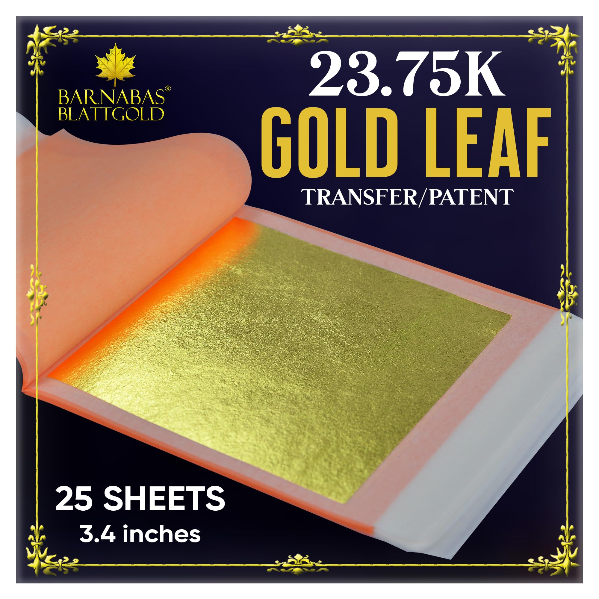 Barnabas Blattgold Gold Leaf - 23.75K Real Gold [25 Sheets, 3.4 inches] - Transfer Patent for Painting, Arts and Crafts