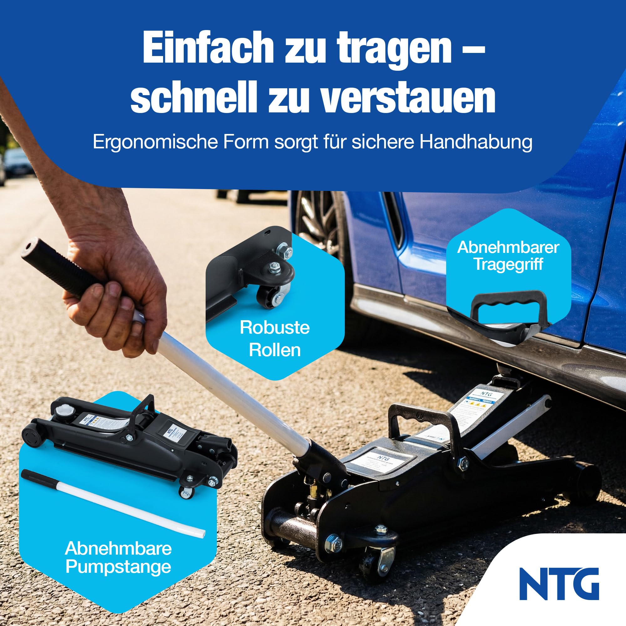 Wagenheber Hydraulisch 2,5T TÜV Zertifiziert (85-375mm Hubhöhe) - Profi Rangierwagenheber flach für tiefergelegte Autos - KFZ PKW Autoheber NTG (+ Gummiauflage Flach)