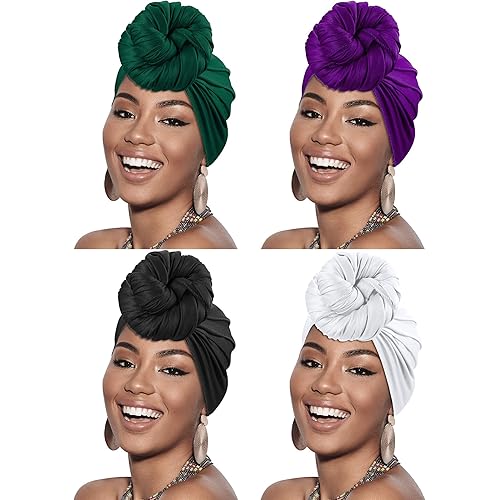 4 Pieces Head Scarf Turban Long Hair Head Wrap Scarf Soft Stretch Headwrap Headband Solid Color Turban Tie (Black, White, Green, Purple)
