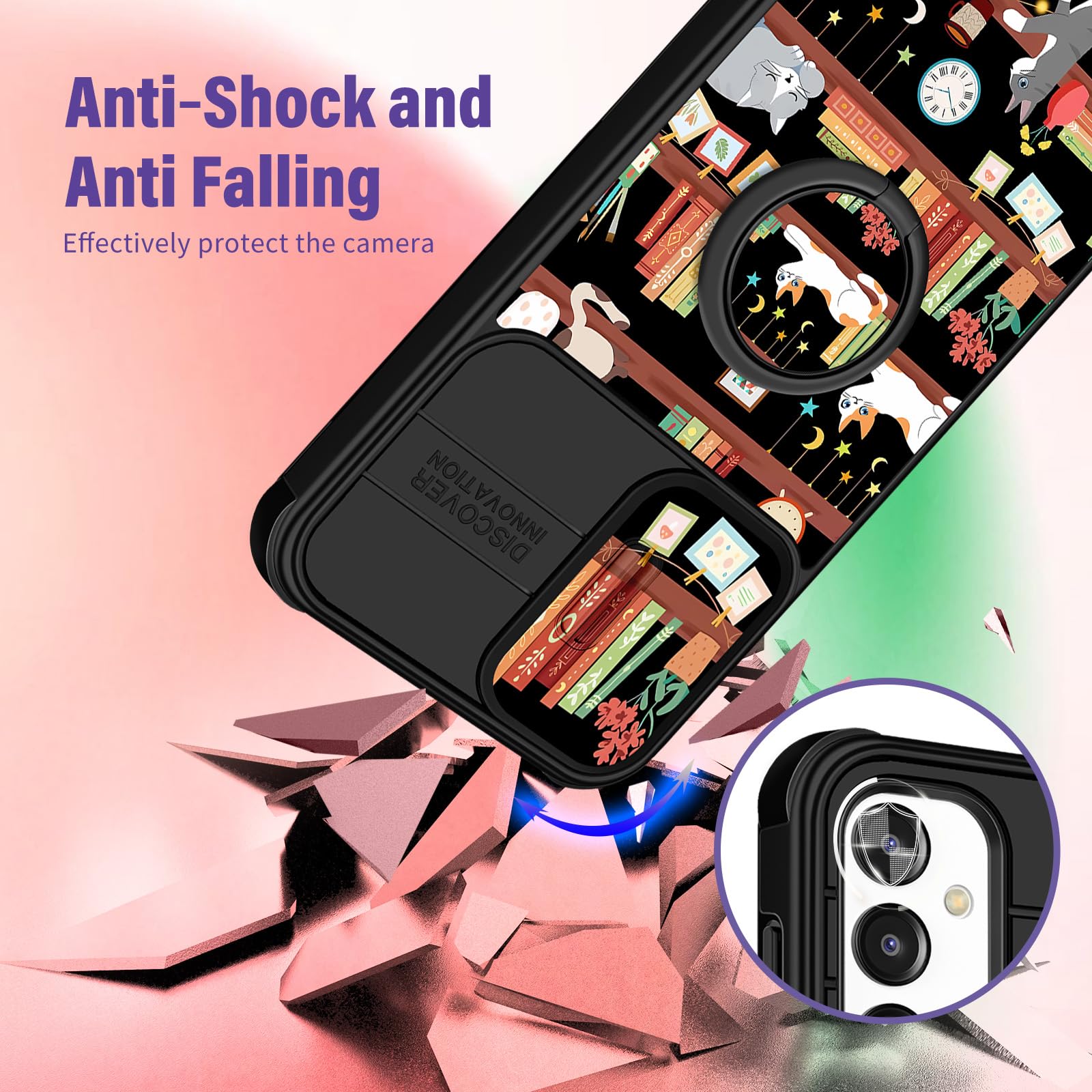 Funermei Custodia per Samsung Galaxy A14 5G - Cover per telefono carina per donne e ragazze, graziosa estetica con gatto, libreria, design unico con custodia per fotocamera e anello di supporto Funda