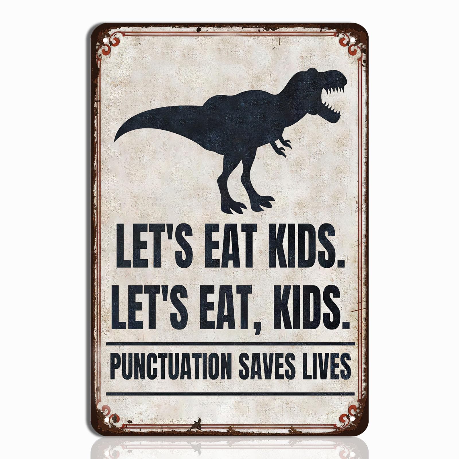 Funny English Classroom Wall Art - Punctuation Saves Lives Metal Sign - Let's Eat, Kids Grammar Decor for High School and Middle School Teachers, English Teacher Gift, 12x16 Inch Metal Poster