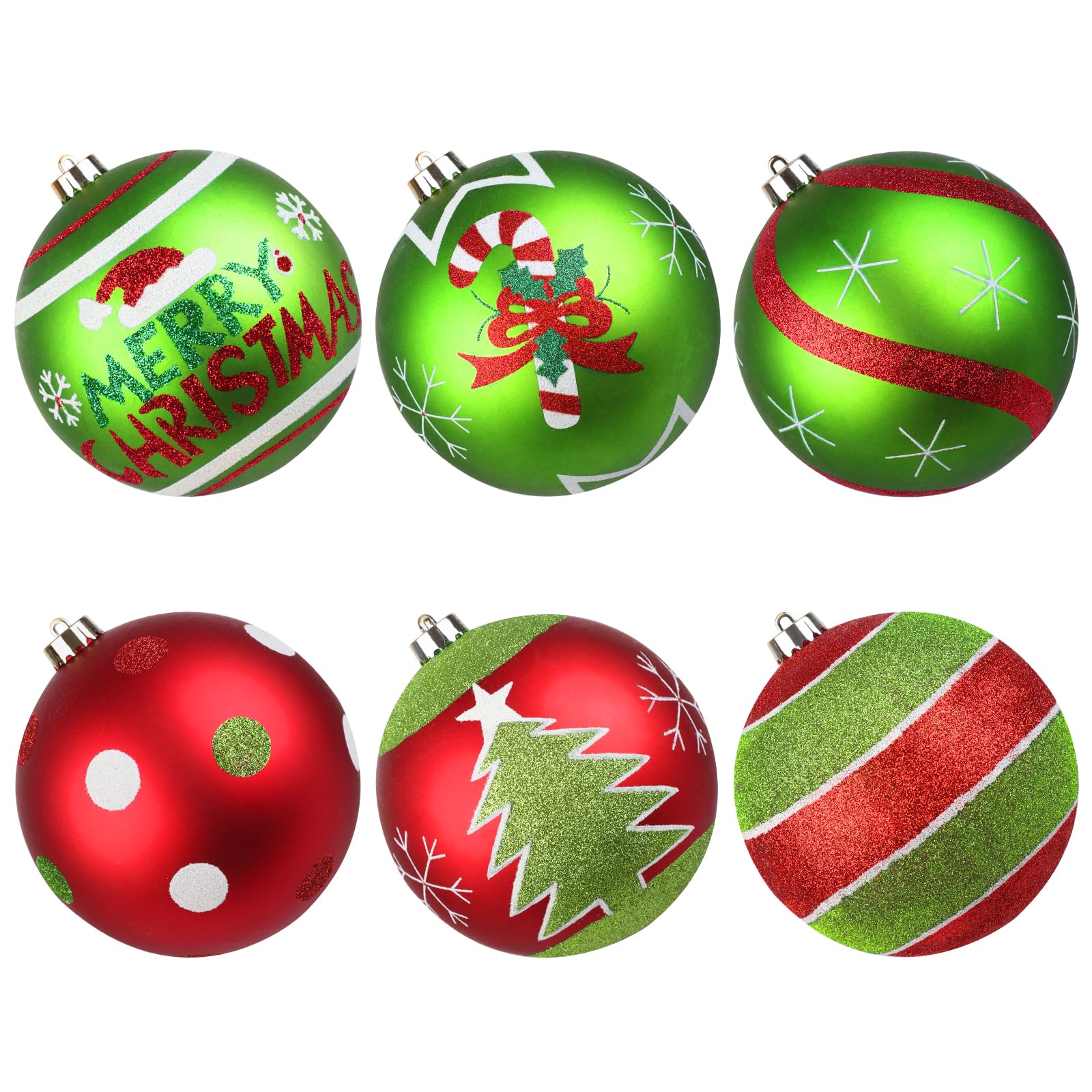 Lanpn Large Outdoor Christmas Baubles, 6Pcs Glittering Xmas Elf Ball Ornament Decoration, Big Red Green Christmas Tree Bulbs, 15cm Giant Plastic Hanging Decor for Lawn Yard Holiday Party