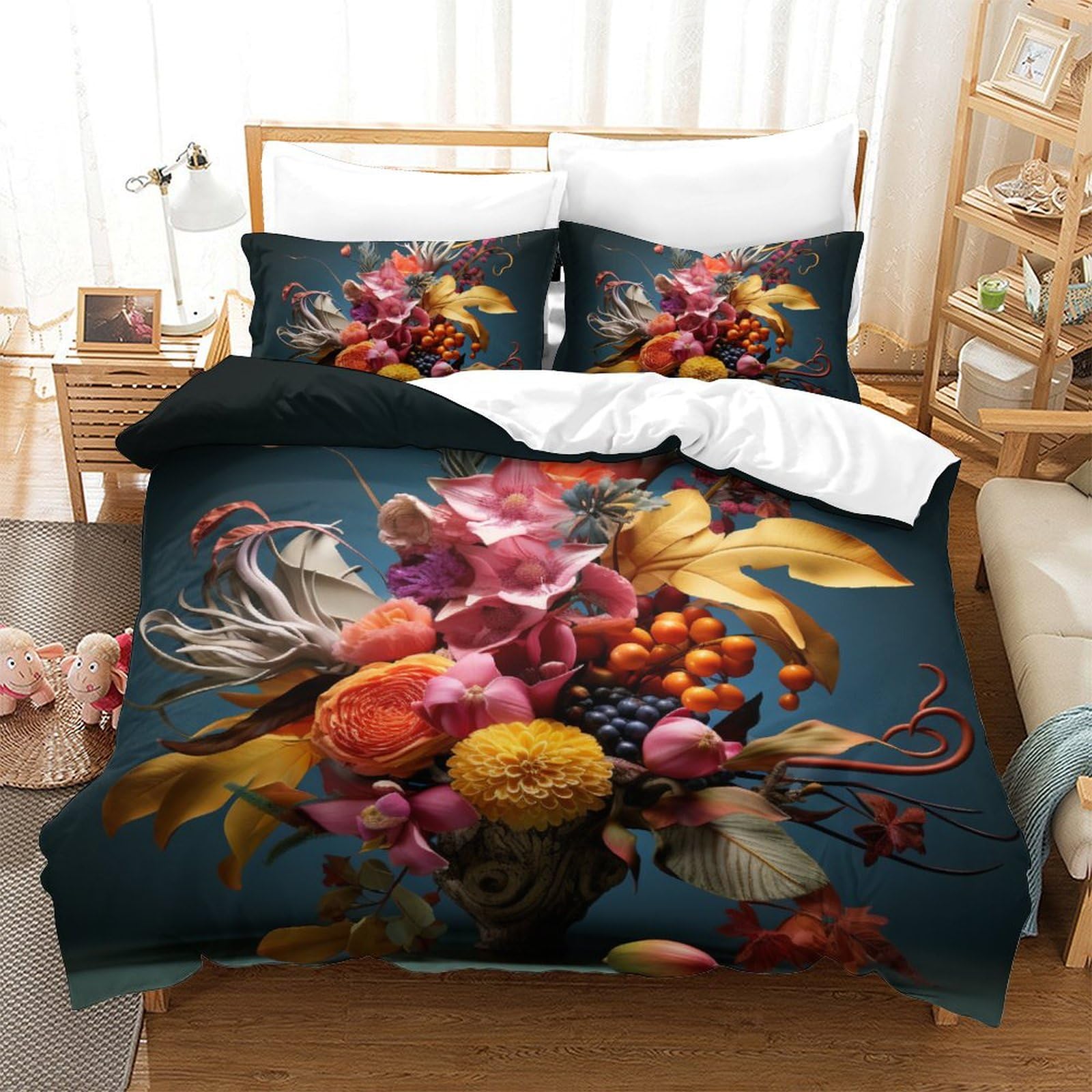 Housse de couette fleurs 3D anti-plis et facile à laver pour lit double 200x200