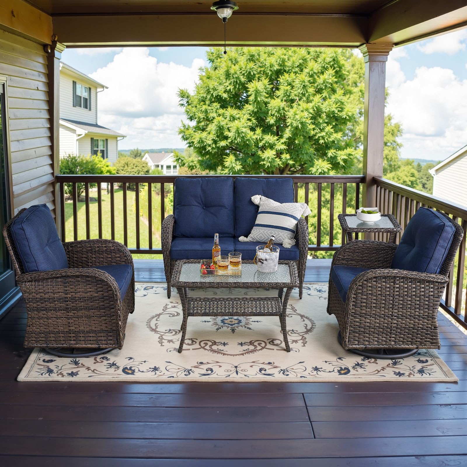 Belord 5 Piece Wicker Patio Furniture Set - Outdoor Conversation Sets with Deep Seating Swivel Rocker Chairs Loveseat and Rattan Coffee Table for Deck