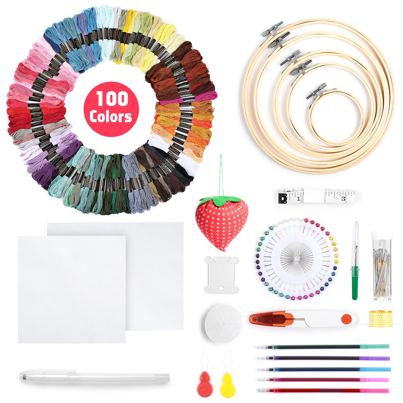 Romon Embroidery Hoop Starter Set, 100 Colours Embroidery Thread, 5 Bamboo Embroidery Hoops, 3 Pieces Cross Stitch Fabric, Sewing Needle, Cross Stitch Set