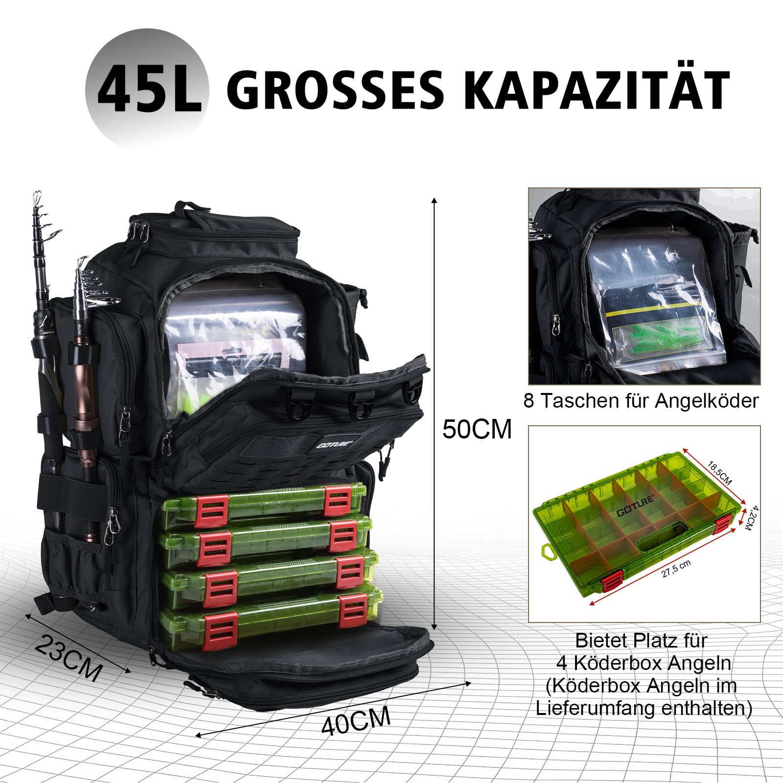 Goture Mochila de pesca con dos soportes para cañas de pescar y protector de lluvia, bolsa impermeable para aparejos de pesca con compartimento ajustable y 8 bolsillos para cebo, mochila de 45 litros