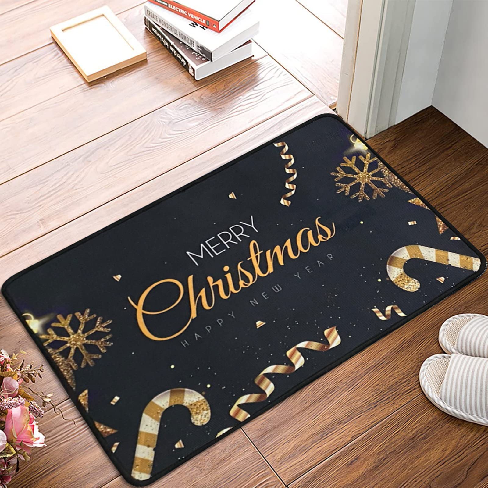 Sunshine smile Tapete de Puerta Navidad,40 x 60 cm, Alfombra de Navidad Antideslizante,Welcome Felpudo de Puerta,Alfombra de la habitación,alfombras de Piso,Anti Slip Baño Alfombras (Letras Negras)