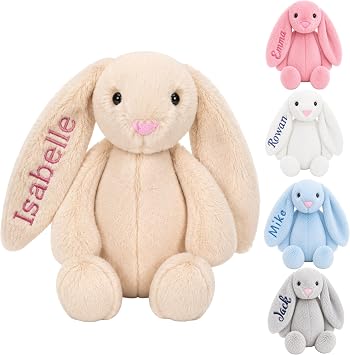 DreamBuy Personalised or Plain Plush Bunny Soft Toy, Grey, White, Pink or Beige, Custom Name Embroidery, Baby Gift for Easter Beige