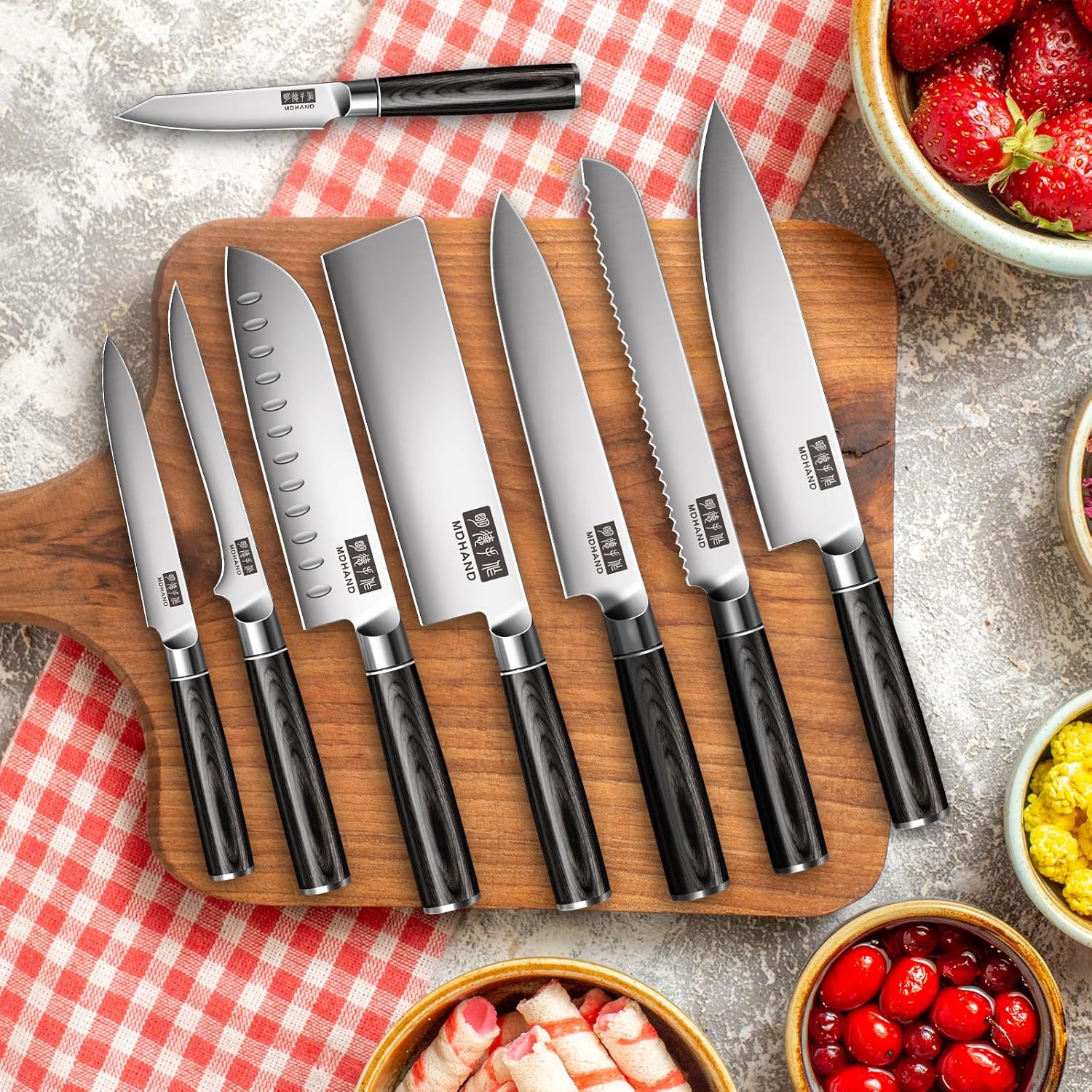 MDHAND Chef Knife Set with Roll Bag, 9PCS Professional Knife Sets with Sharpener, High Carbon Stainless Steel Japanese Kitchen Knives - Black Pakkawood Handle, Dishwasher Safe, For Cooking, Chef Gifts - Image 9