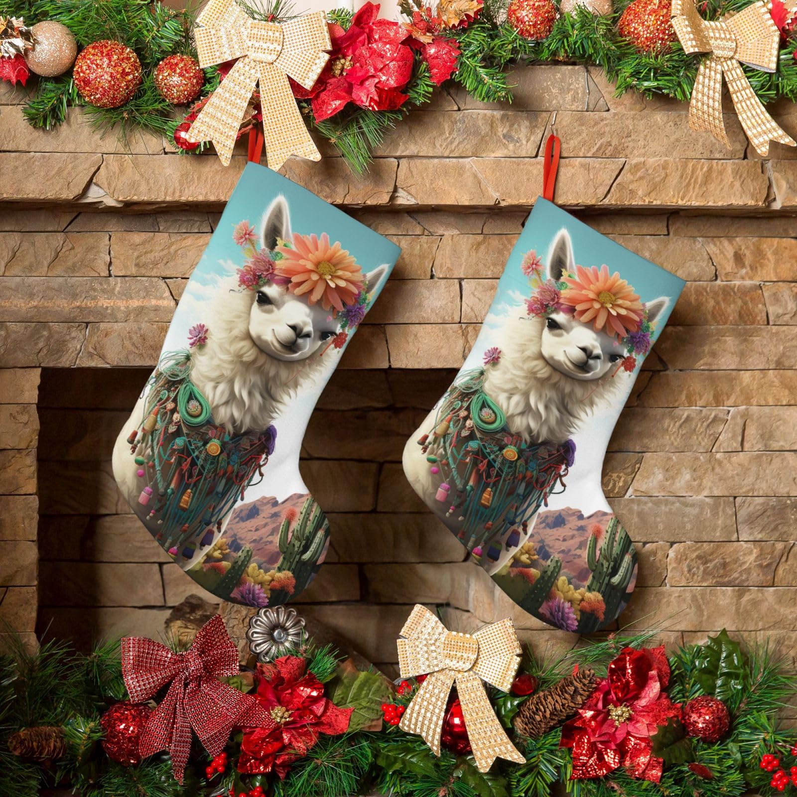 Fodpand Boys Black Mexican Llama Cactus Christmas Stockings Hanging Ornaments For Holiday Decor, 18 Inches Velvet Fireplace Hanging Xmas Stocking, Candy Gift Bags For Christmas Decorations