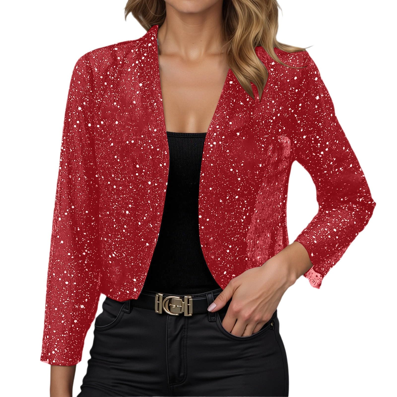 Sequin Jackets For Women Long Sleeve Open Front Party Cropped Rhinestone Shrugs Glitter Shiny Sequin Blazer
