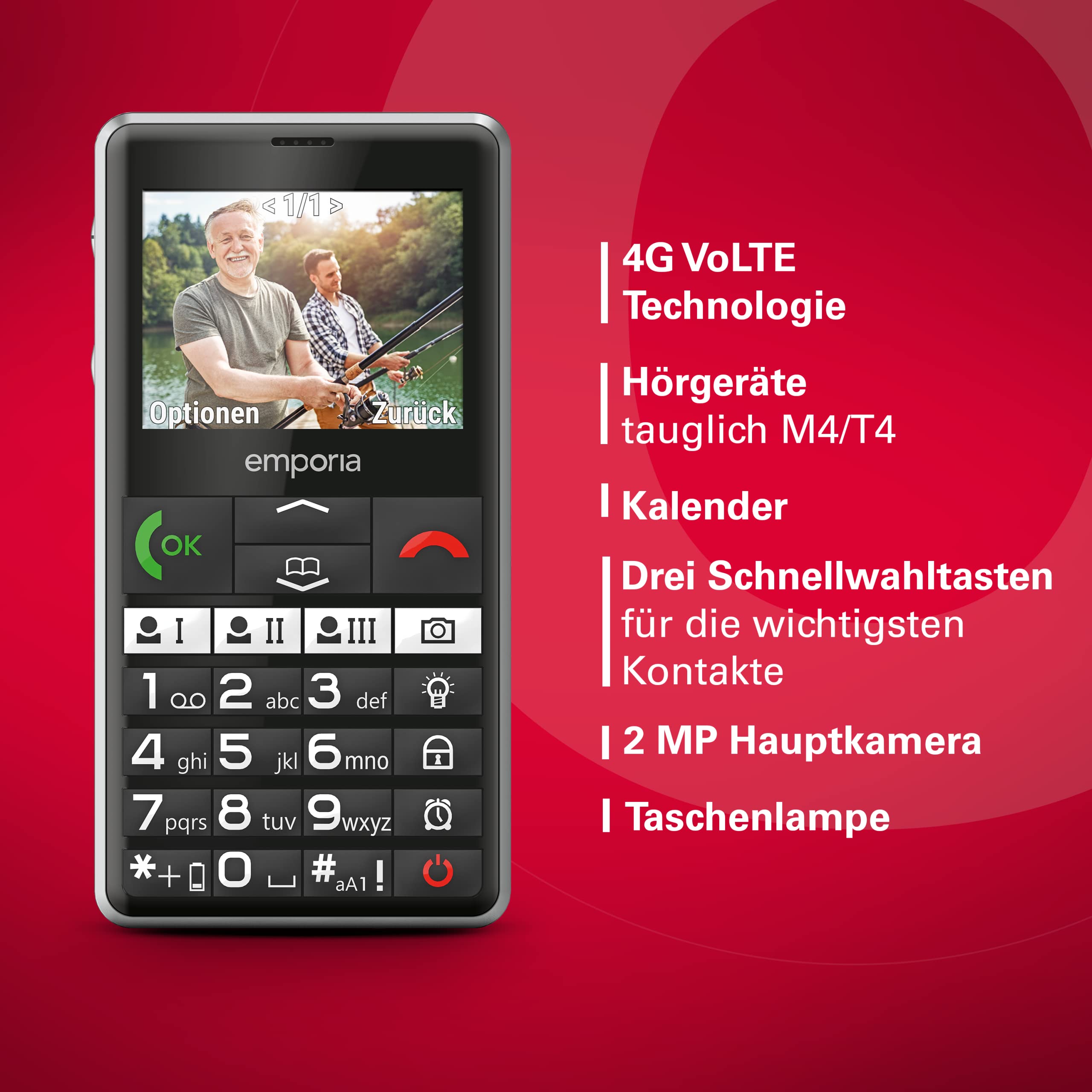Emporia emporiaPURE-LTE, Seniorenhandy 4G, Tastenhandy ohne Vertrag, Mobiltelefon mit Notruftaste, Schwarz