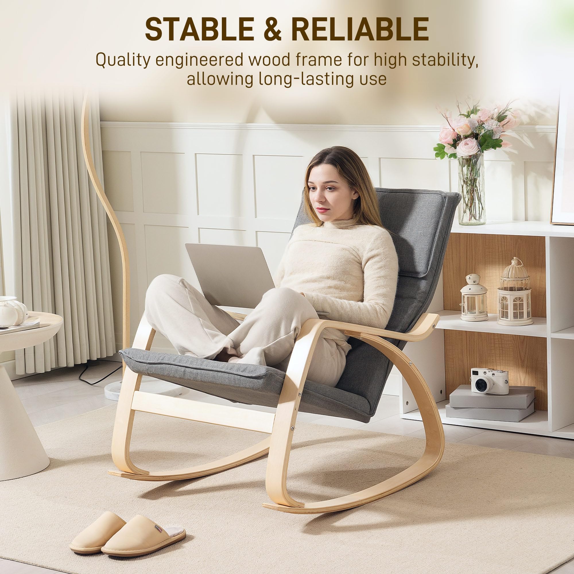 HOMCOM Fauteuil à Bascule Relax, Dossier Haut, Appui-tête, Gris