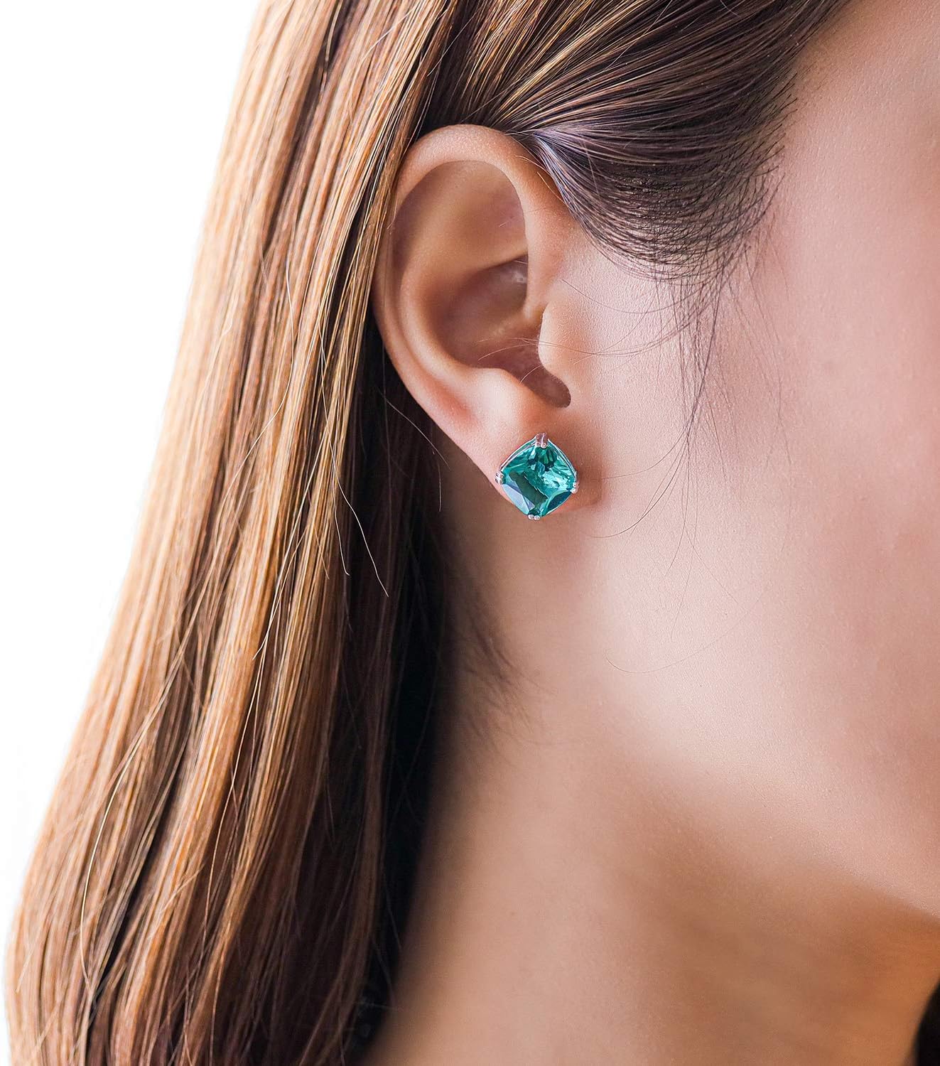 Sea of Ice Sterling Silver Cushion-Cut Simulated Gemstone Stud Earrings for Women – 10mm Cushion-Cut - Elegant Sterling Silver Earrings for Women – Nickel-Free