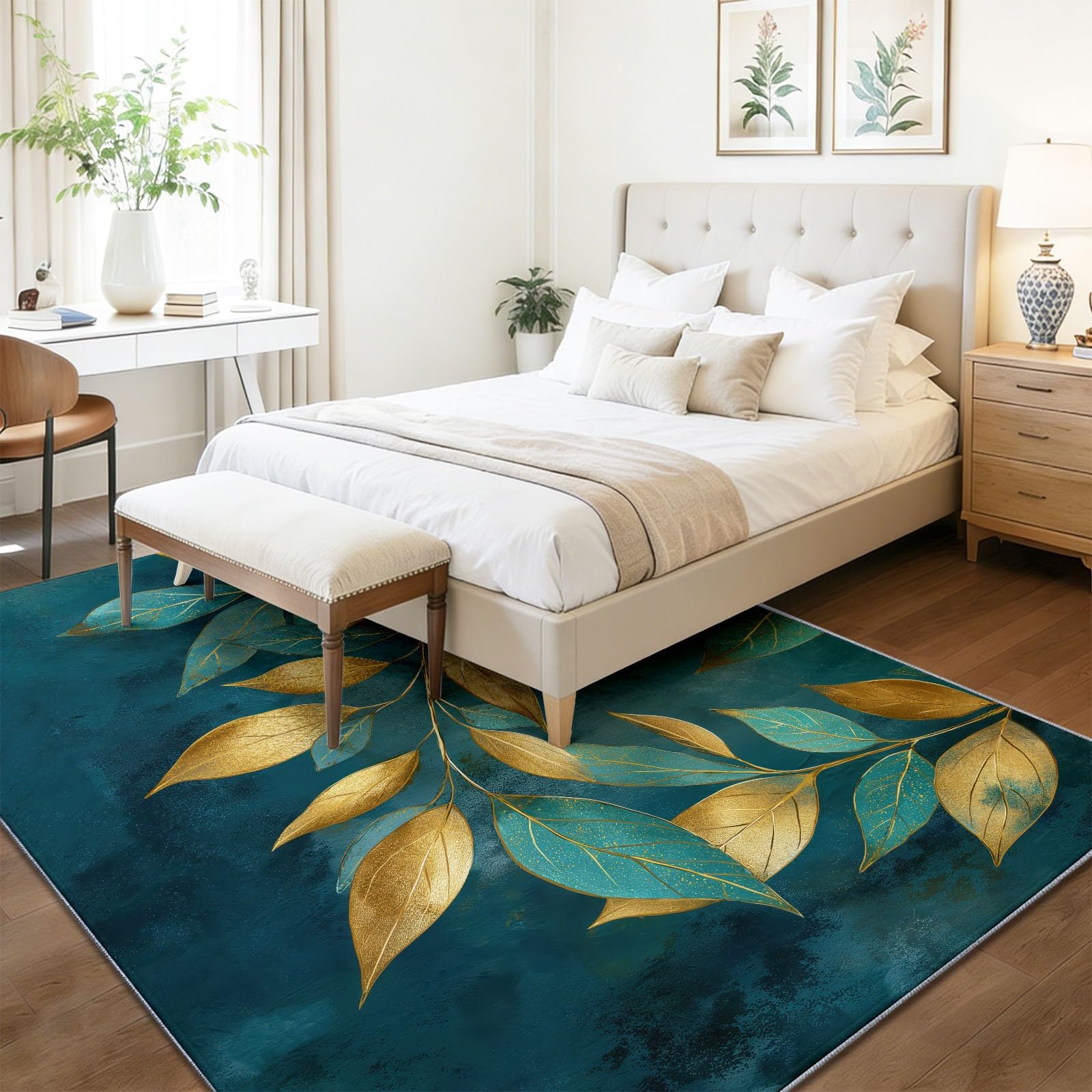 Dywan z roślinami, 160 x 230 cm, zielone liście, gałązki, można prać w pralce, duży dywan do salonu, antypoślizgowy, miękki, niski runo, do sypialni i jadalni, trwały wystrój domu
