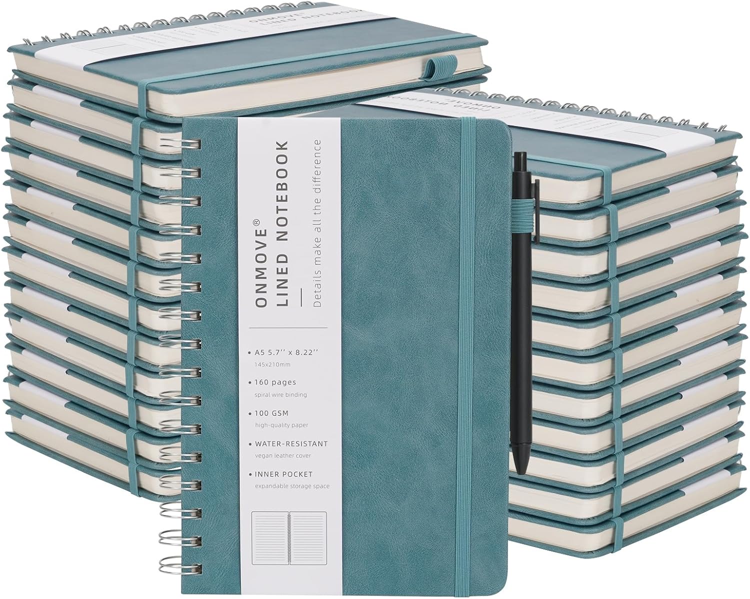 Spiral Notebooks Journal for Women Men 24 Pack Bulk Leather Hardcover with Pen Holder A5 160 Pages 100 GSM Thick Paper for Work School (Sky Blue)