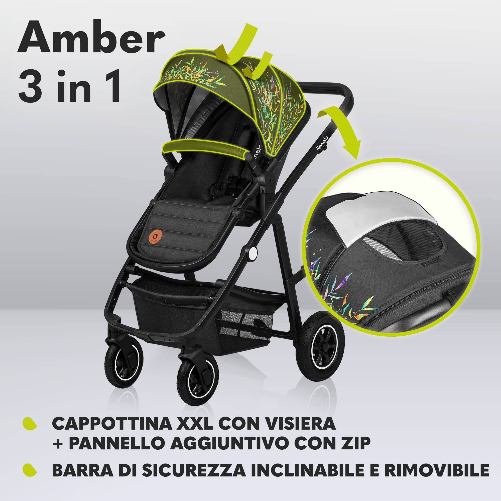 LIONELO Amber Passeggino Trio 0-22 kg Passeggino set 3-in-1: Passeggino + Navicella + Ovetto per neonato e bambini 0 fino a 48 mesi o 22 kg Regolabile e pieghevole, Ruote grandi, Cappotina XXL | Passeggino Per bambini Fino a 22 kg con Navicella e Ovetto,