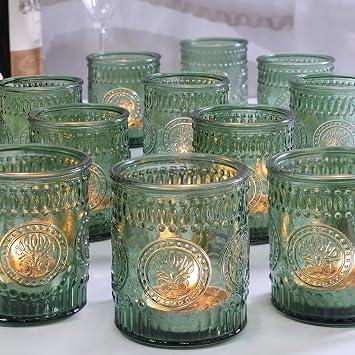 30 Pcs Votive Candle Holders, 2x2.5iInch Green Glass Tea Light Candle Holders Butterfly Pattern Votives for Wedding, Christmas, Party Decor & Gift-Giving