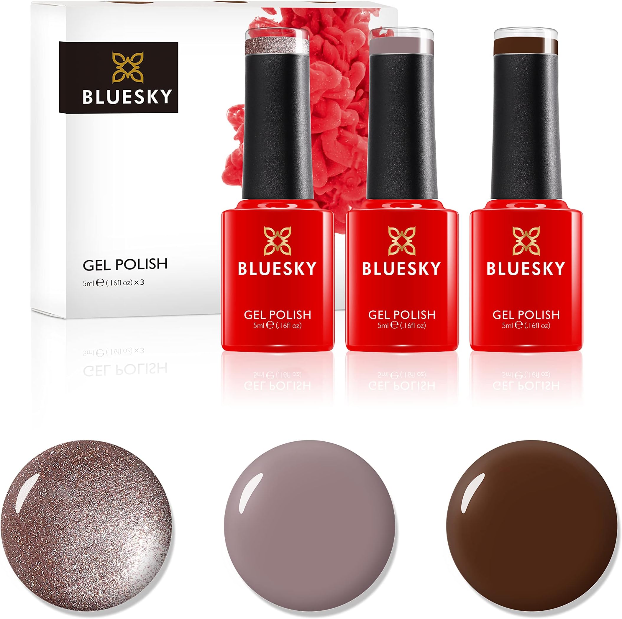Bluesky Gel Nail Polish Set, Chocolate Box, Faux Fur 80538, Satin Robe Qxg313, Mocha A008, 3 x 5 ml, Brown, Glitter, Dark (Requires Curing Under UV or LED Lamp)