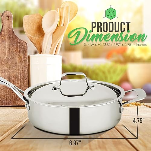 Miniatura 4 de NutriChef Sartén para saltear de 3.4 cuartos con tapa, sartén de acero inoxidable resistente a las manchas sin PFOAPFOS con interior satinado,
