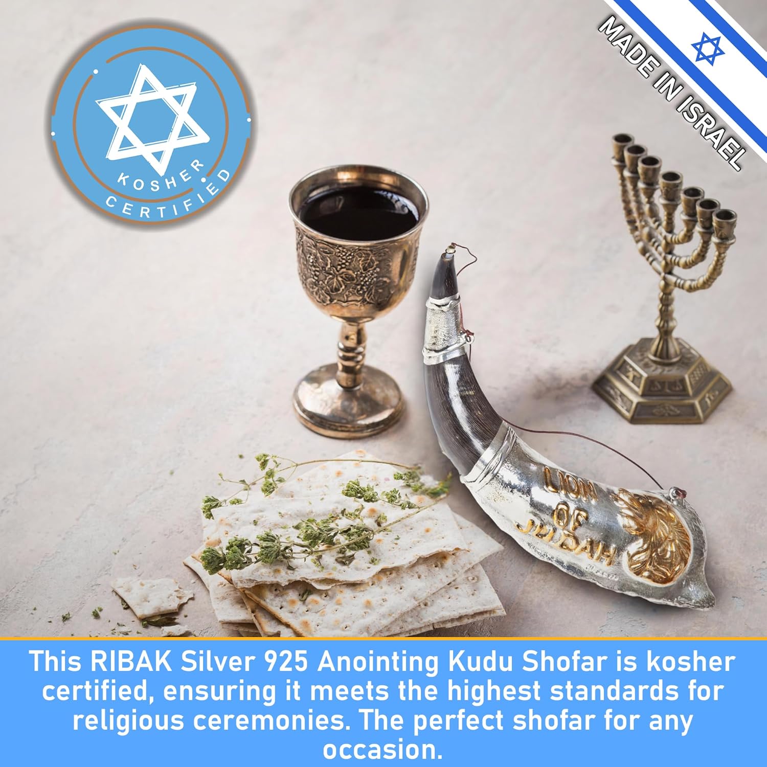 Shofarot Israel Silver 925 Anointing Kudu Shofar | Lion of Judah Design | Shofar Horn from Israel | Anointing Oil Flask | 12ml Anointing Oil Bottle | Made in Israel