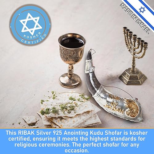 Miniatura 5 de SHOFAROT ISRAEL BARSHESHET - RIBAK Silver 925 Unción Kudu Shofar León de Judá con regalo de bolsa y botella de aceite de unción de 0.4 fl oz de