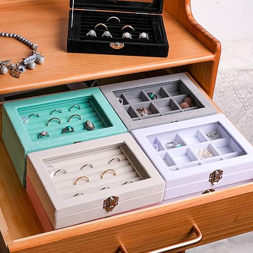 Miniatura 8 de Frebeauty Bandeja organizadora de joyas con tapa transparente, 12 rejillas de terciopelo para cajón con tapa transparente, vitrina de joyería,