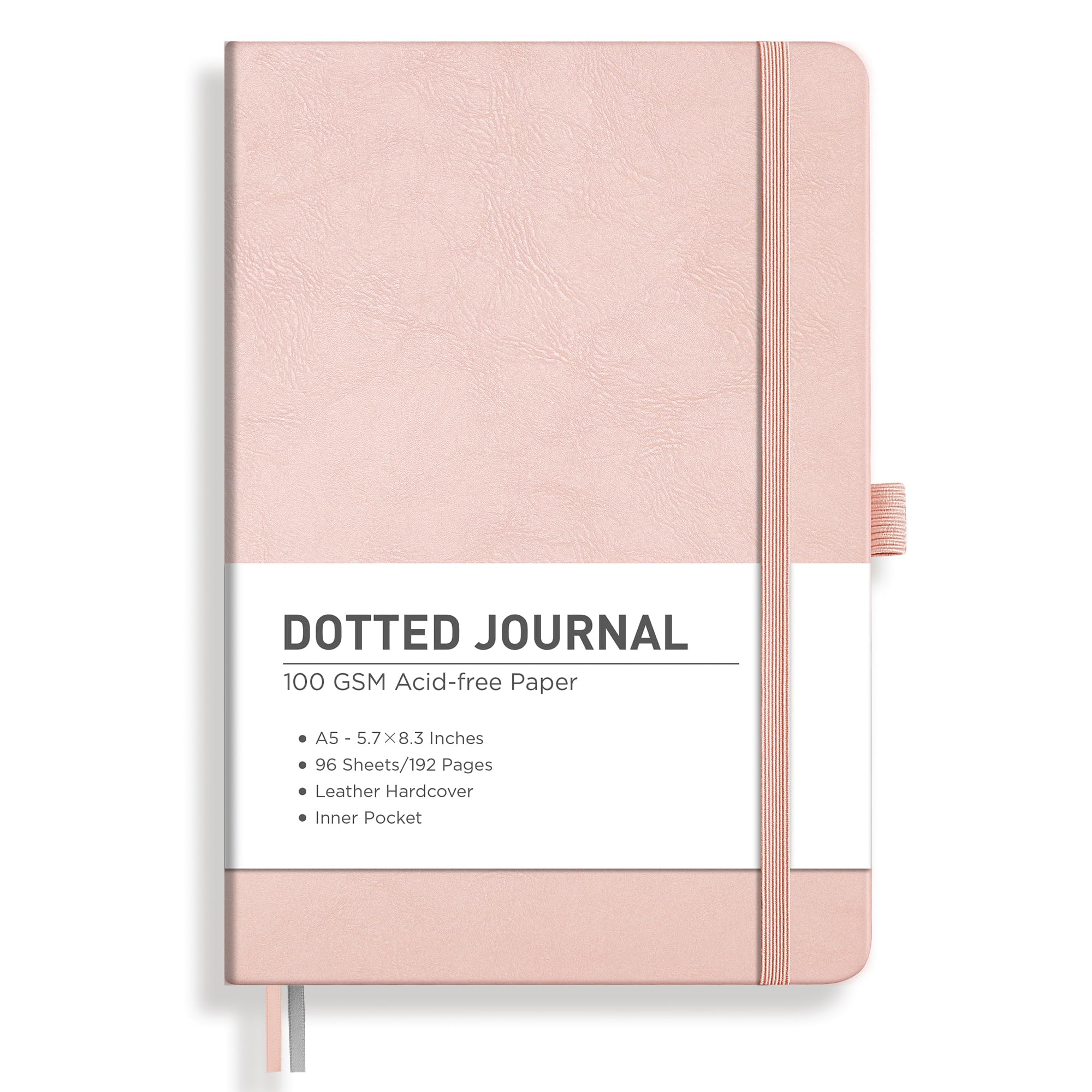 Dotted Journal Notebook, 192 Pages, A5 Medium Size (5.7'' x 8.3''), Leather Hardcover, 100 GSM Thick Paper, for Bullet Journaling, Planning, Tracking (Rose Gold)