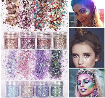 8 Color face Glitter Cosmetic Glitter, for Body, Cheeks and Hair, Festival and Party Beauty Makeup - Includes Long Lasting Fix Gel and Brush