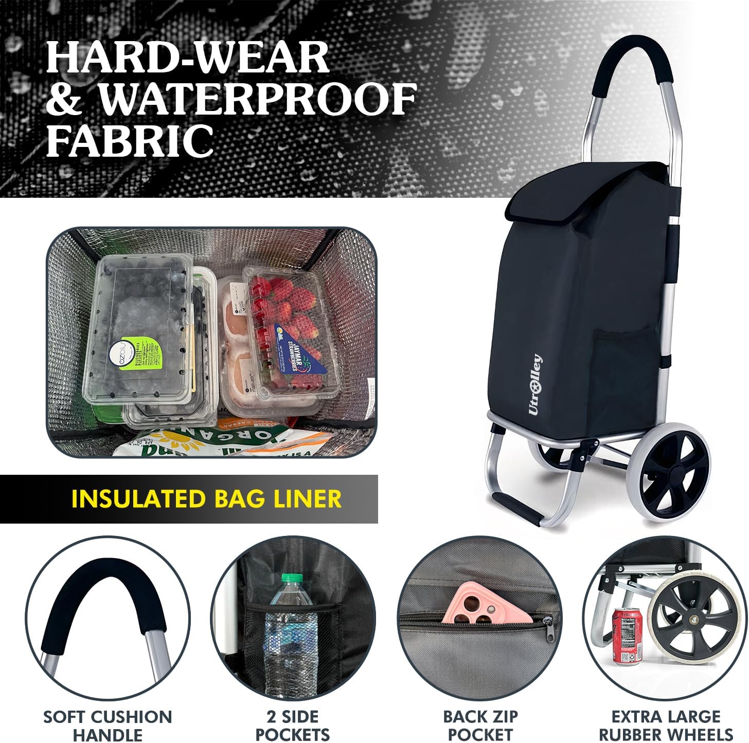 Ultra-Lightweight Foldable Grocery Cart with 40L Capacity, Soft Rolling Wheels, Removable Insulated Bag – Multi-Purpose Personal Hand Truck (Black)