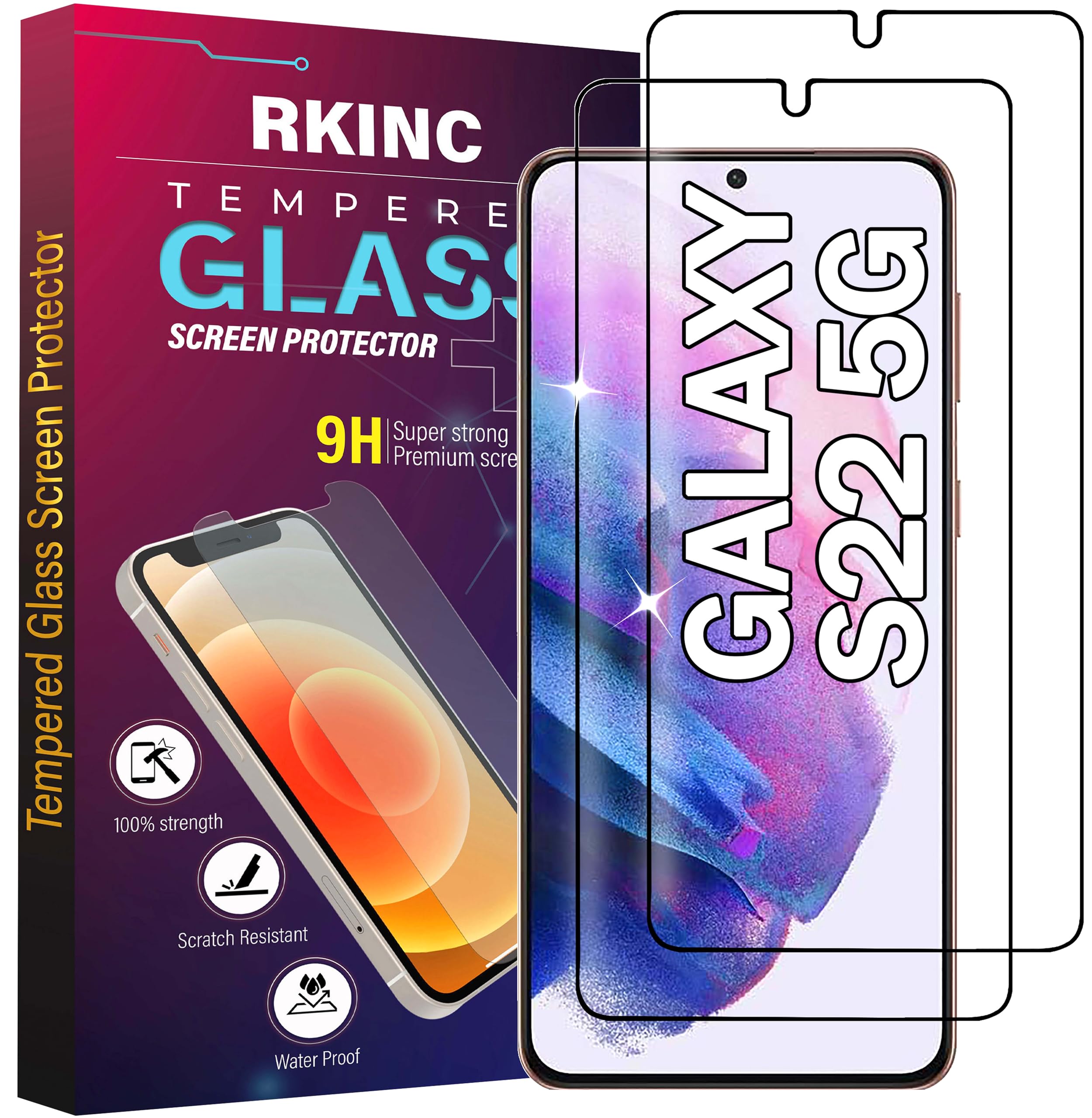 RKINC Screen Protector [2-Pack] for Samsung Galaxy S22 5G, Tempered Glass Film Screen Protector, 0.33mm Fingerprint Support [Bubble-Free][Anti-Scratch