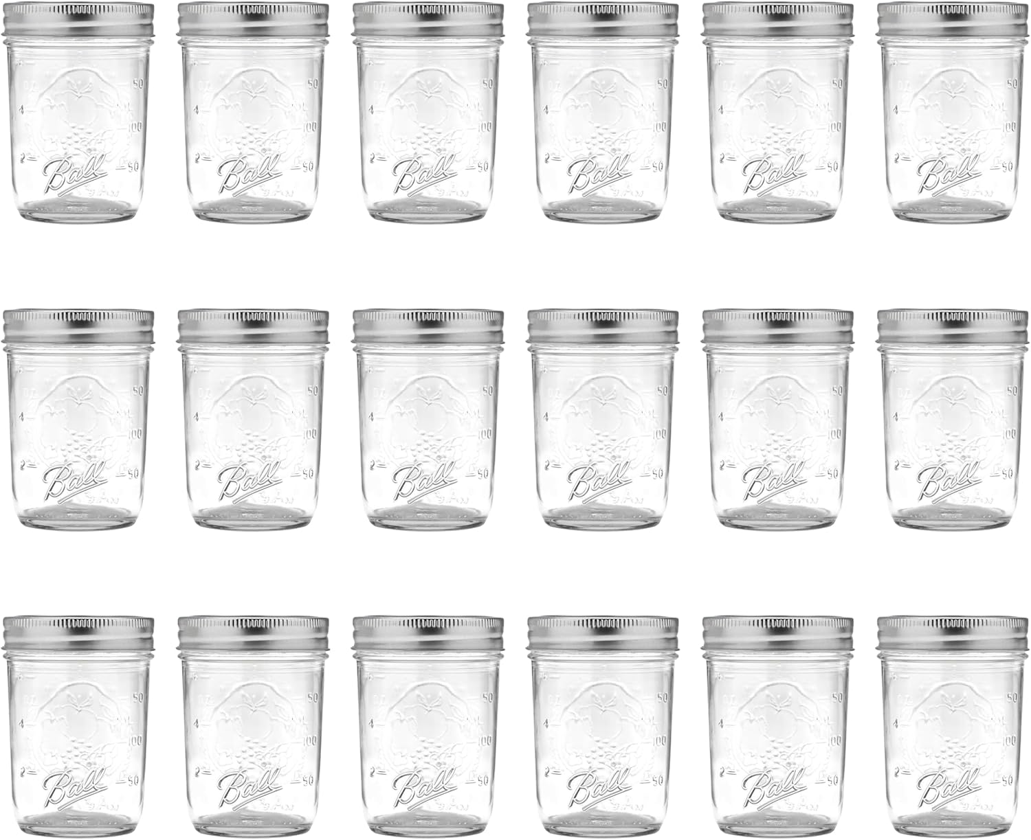 Ball - 8 oz Regular Mouth Glass Mason Jars | 18 Pack Jars with Airtight Lids | Large Glass Jar for Food Storage with Lids | Ideal for Canning, Fermentation, Pickling, Kombucha Brewing | Set of 18
