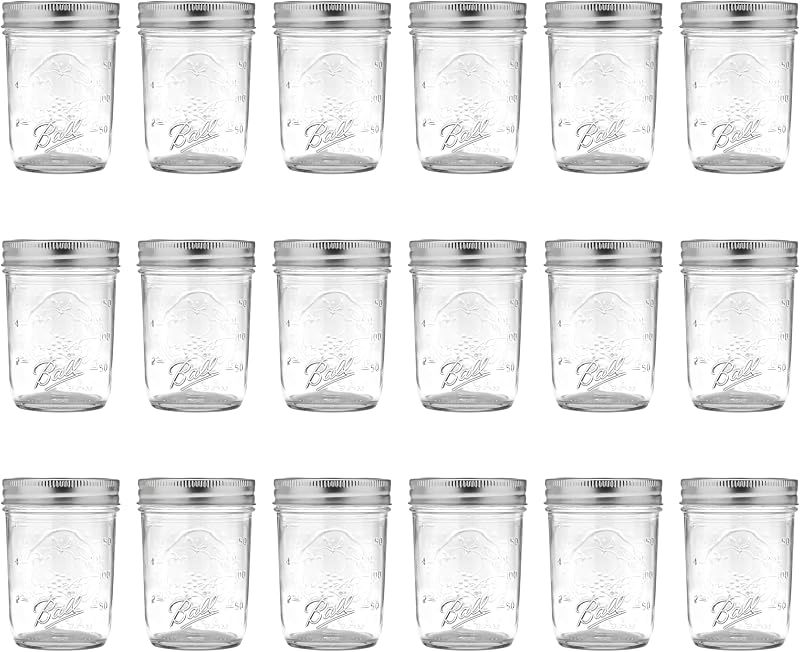 Frascos de vidrio de boca regular de 8 oz | Paquete de 18 frascos con tapas herméticas | Tarro de vidrio grande para almacenamiento de alimentos con tapas | Ideal para enlatado, fermentación, encurtido, elaboración de Kombucha | Conjunto de 18