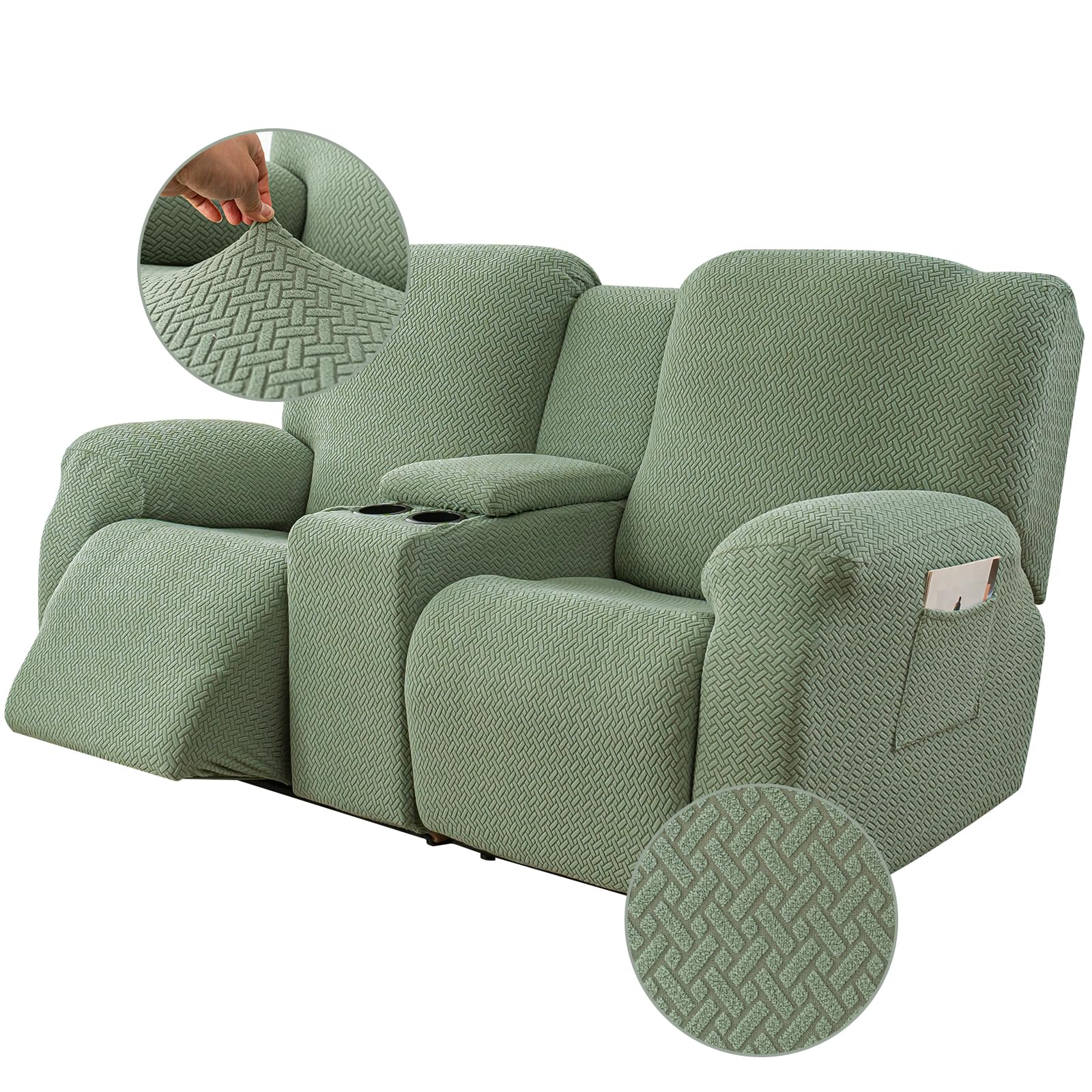 Genina Recliner Loveseat Covers with Console,2 Seater,Matcha Green