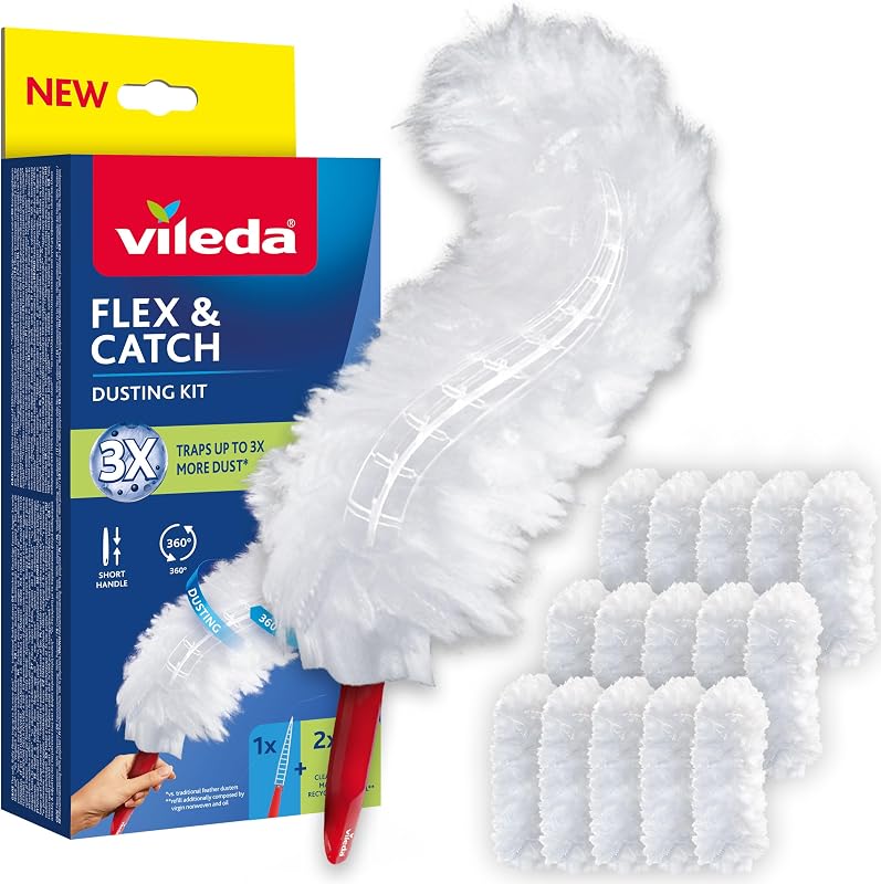 Vileda Flex&Catch kit catturapolvere con manico corto e 15 ricambi | Cattura fino a 3 volte più polvere rispetto ai piumini tradizionali | Gancio per fissare il piumino
