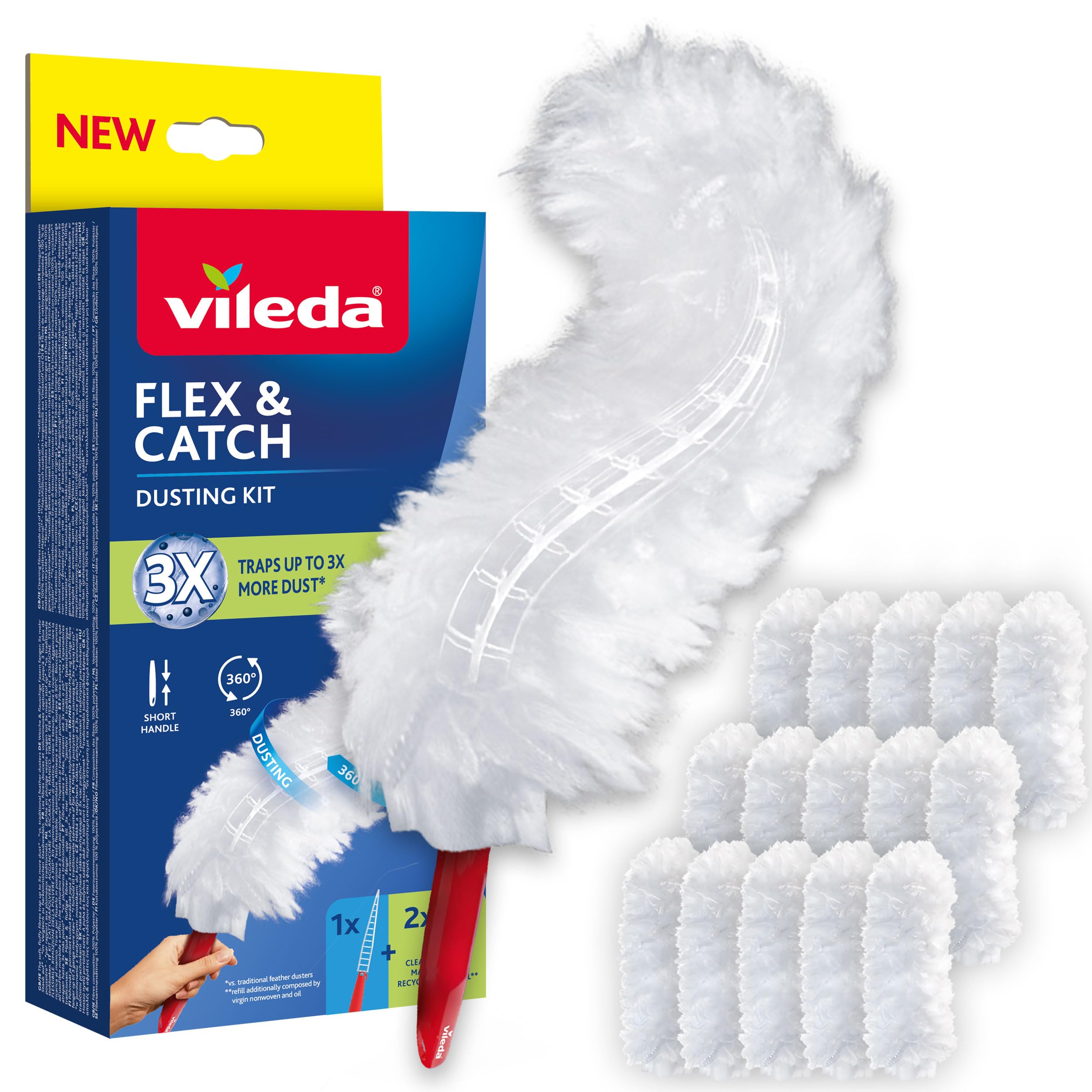 Vileda Flex&Catch kit catturapolvere con manico corto e 15 ricambi | Cattura fino a 3 volte più polvere rispetto ai piumini tradizionali | Gancio per fissare il piumino