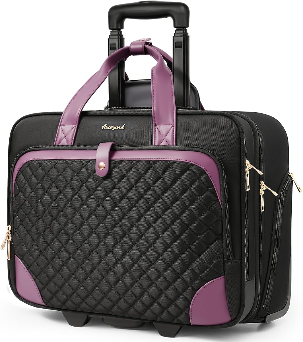 Arcoyard Maletín con ruedas para ordenador portátil, maletín con ruedas para mujer con bolsillo impermeable, bolsa para ordenador de 17 pulgadas, equipaje de mano debajo del asiento con ruedas para viajes de trabajo, negocios, ligero negro morado