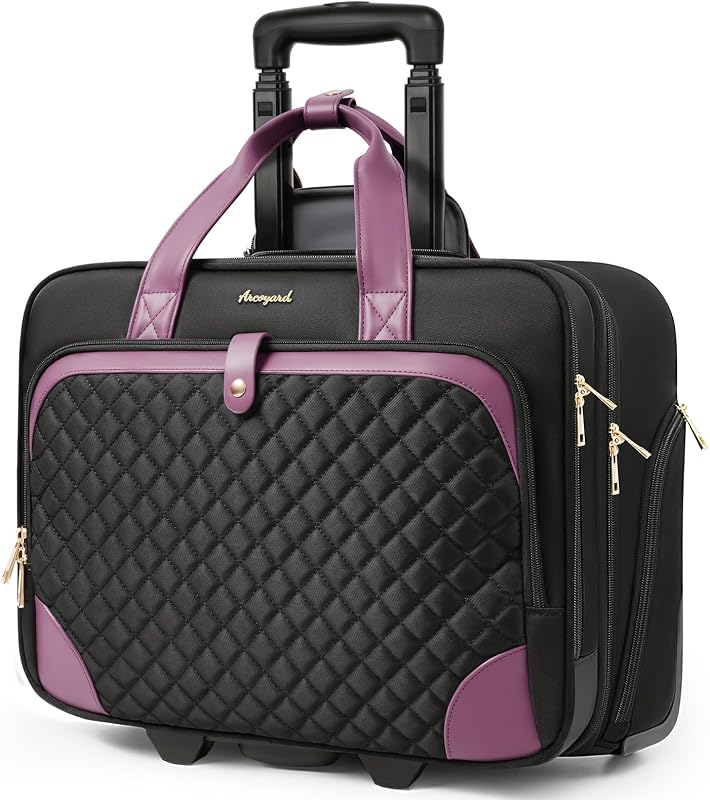Arcoyard Maletín con ruedas para computadora portátil, maletín con ruedas para mujer con bolsillo impermeable, bolsa para computadora de 17 pulgadas, equipaje de mano debajo del asiento con ruedas para viajes de trabajo, negocios, ligero negro morado