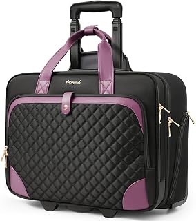 Rolling Laptop Bag, Rolling Briefcase for Women with Waterproof Pocket, 17.3 Inch Computer Bag, Underseat Carry On Luggage with Wheels for Work Travel Business, Lightweight Black Purple