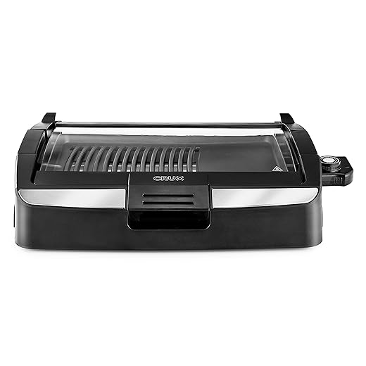 CRUX Smokeless Indoor BBQ Grill with Viewing Window, Faster Preheat, Large 10”x14” Grill Surface for Family Sized Meals, Healthy-Eco Non-Stick Coating & Dishwasher Safe Parts for Easy Clean Up, Black