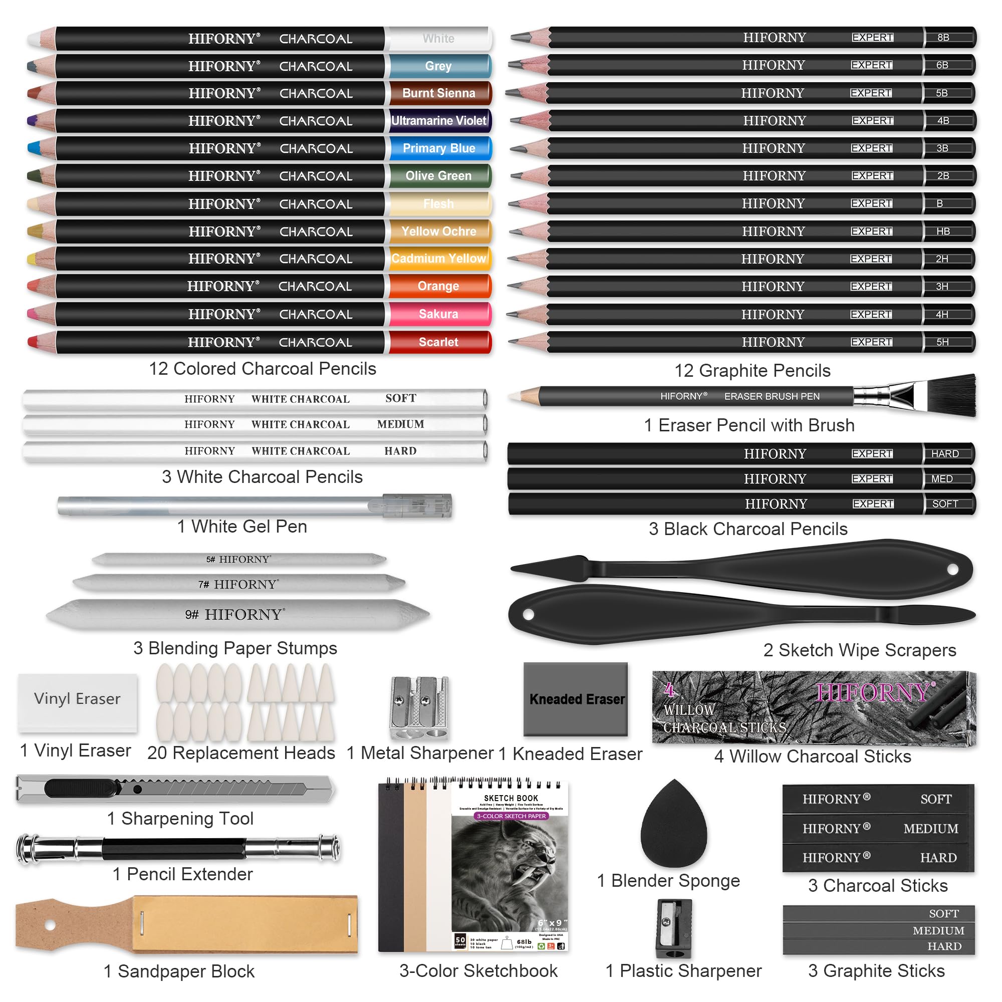 HIFORNY Lot de 76 kits de croquis de dessin - Crayons à croquis Fournitures d'art avec graphite, charbon de bois, outils de mélange et accessoires, sac de voyage portable à fermeture éclair pour