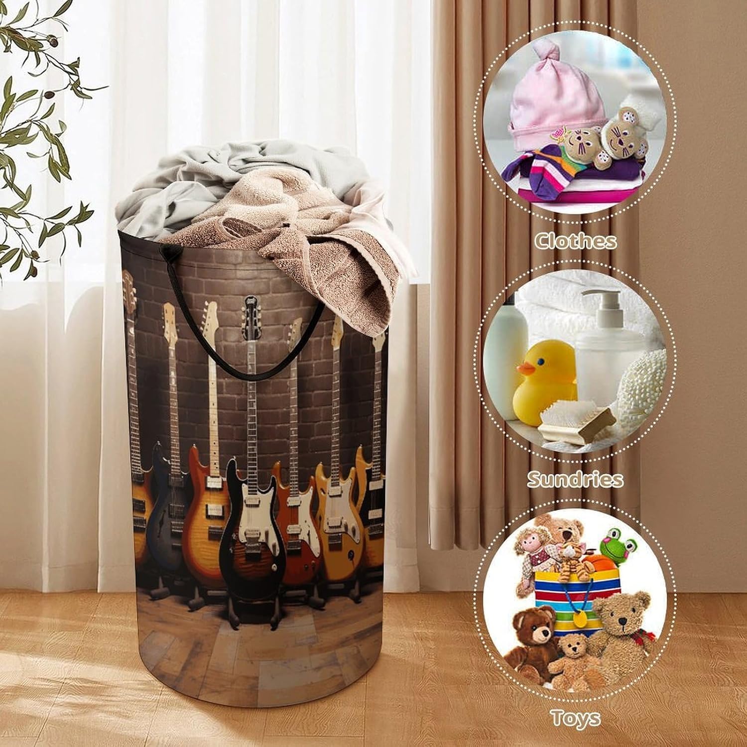 Guitar Collection Laundry Hamper Large Capacity 15.7x27.2 Inch, Collapsible Dirty Clothes Basket with Handles, Foldable Storage Bin Laundry Basket for Bedroom Bathroom Dorm