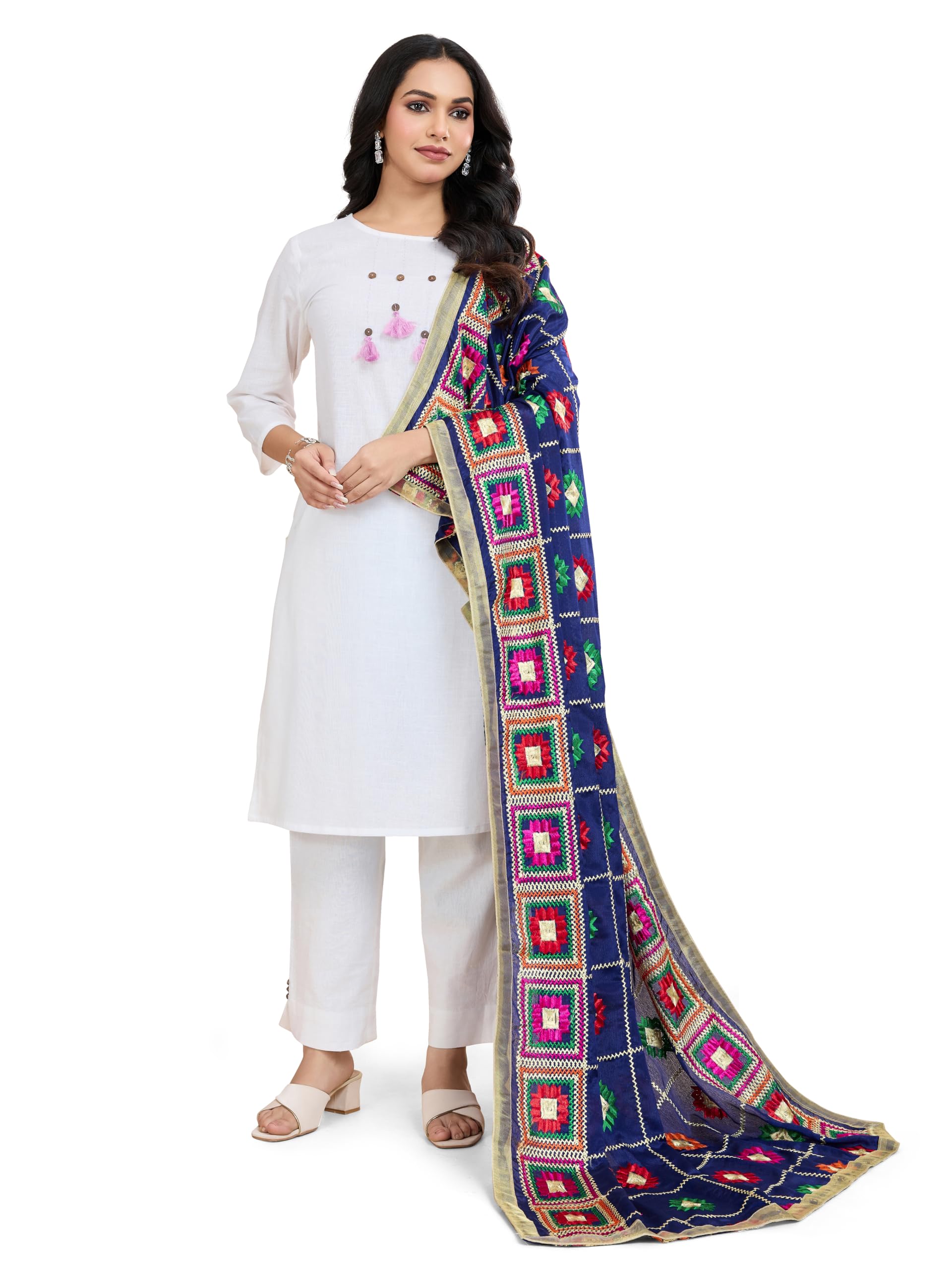 Weavers Villa Women's Chinnon Silk Aari Embroided Phulkari Dupatta, Chunni (Navy Blue), 2.25 Mtrs