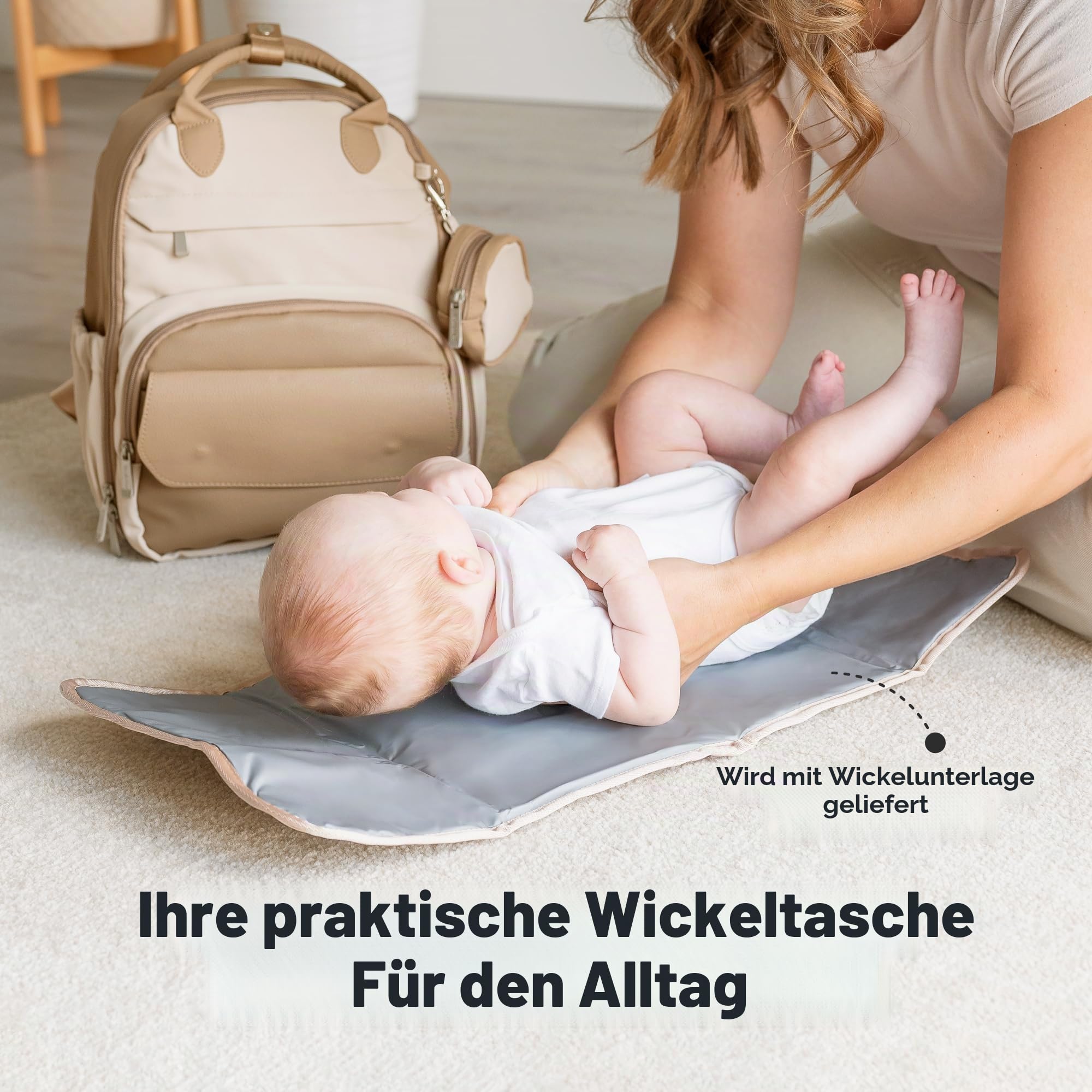 KeaBabies Baby Wickeltasche mit Wickelunterlage - Multifunktionale Reise Wickelrucksack Lässig, Umstands Mommy Bag, Kompakte 12L Kapazität,PU-Leder, Wasserdicht,Unisex,Stilvolle Baby Diaper Bag(Latte)