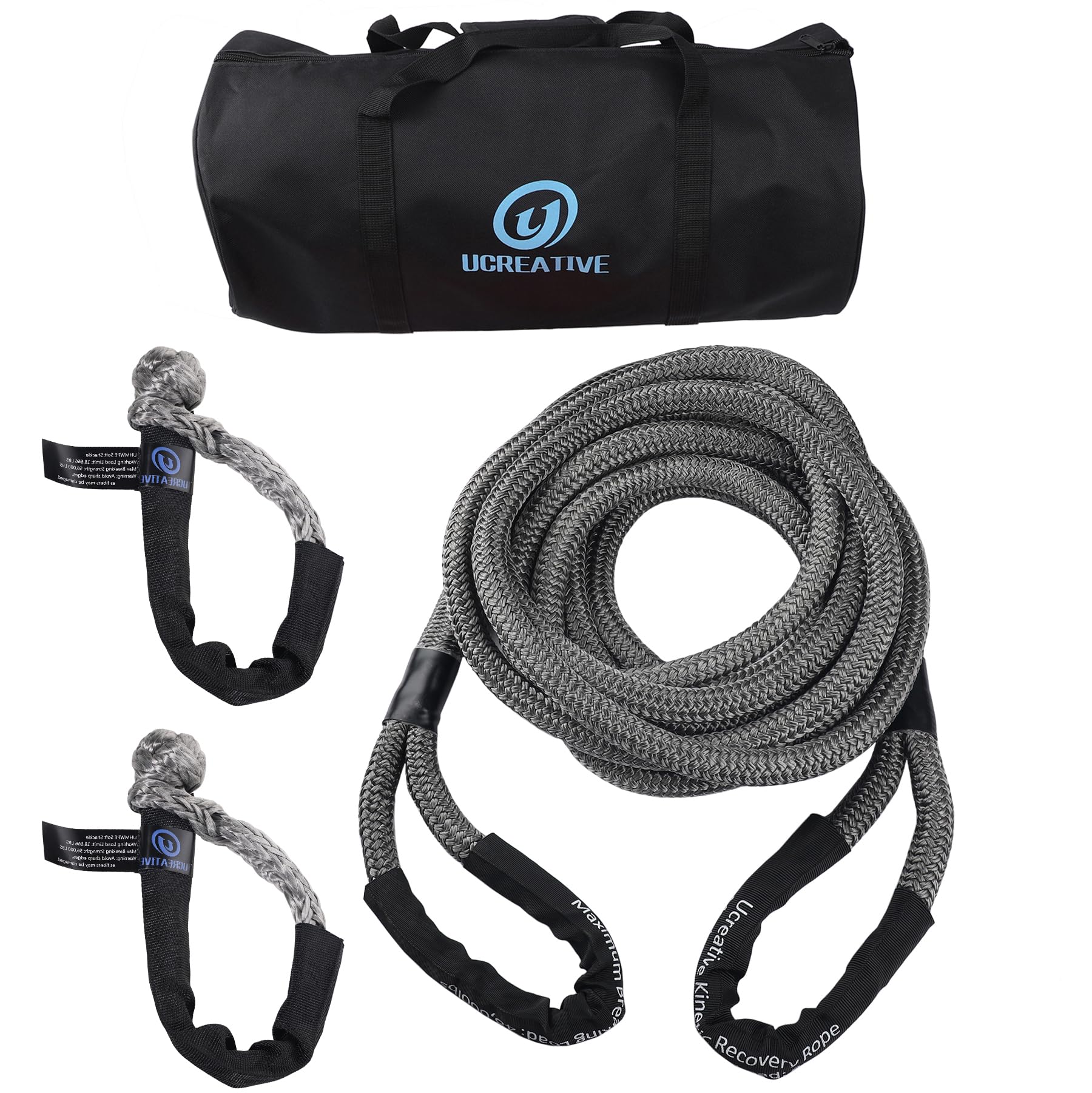 Ucreative 1" x 30' Kinetic Recovery & Tow Rope Kit Max 48,000 lbs Breaking Strength with 2PCS Synthetic Soft Shackles for Off-Road Vehicle 4WD Pick Up Truck SUV (Gray)