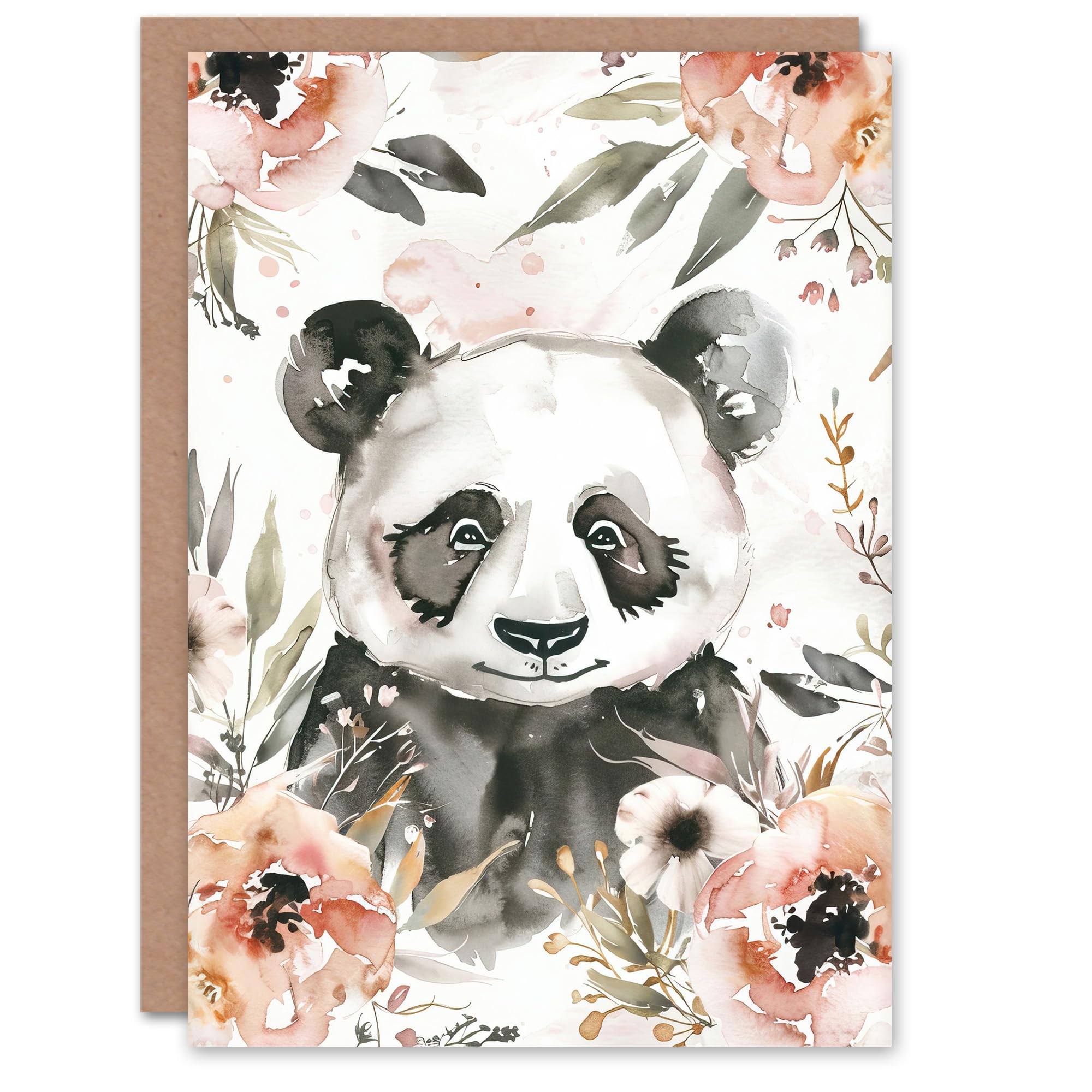 Artery8 Greeting Card Sweet Panda Watercolour Portrait Wildflowers Cute Blank For All Him Or Her Art Birthday Card
